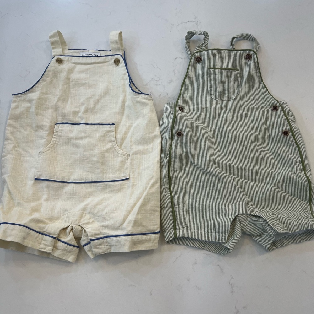 Janie and Jack Cream and Green Overalls Set